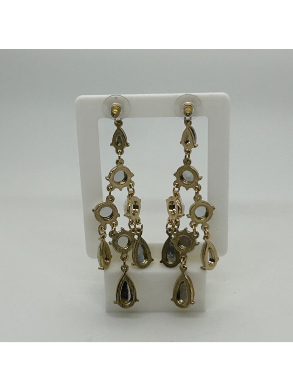 Vintage Gold Tone Aurora Borealis Earrings Acrylic Rhinestone Chandelier Dangle - Picture 8 of 10